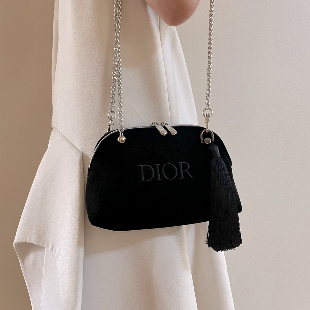 DIOR Black velvet Crossbody Bag with Silver adjustable Chain tassel logo purse